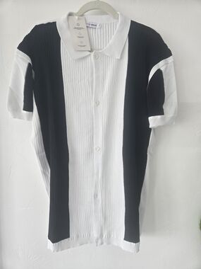 Black & White Vertical-Stripe Knit Polo Cardigan